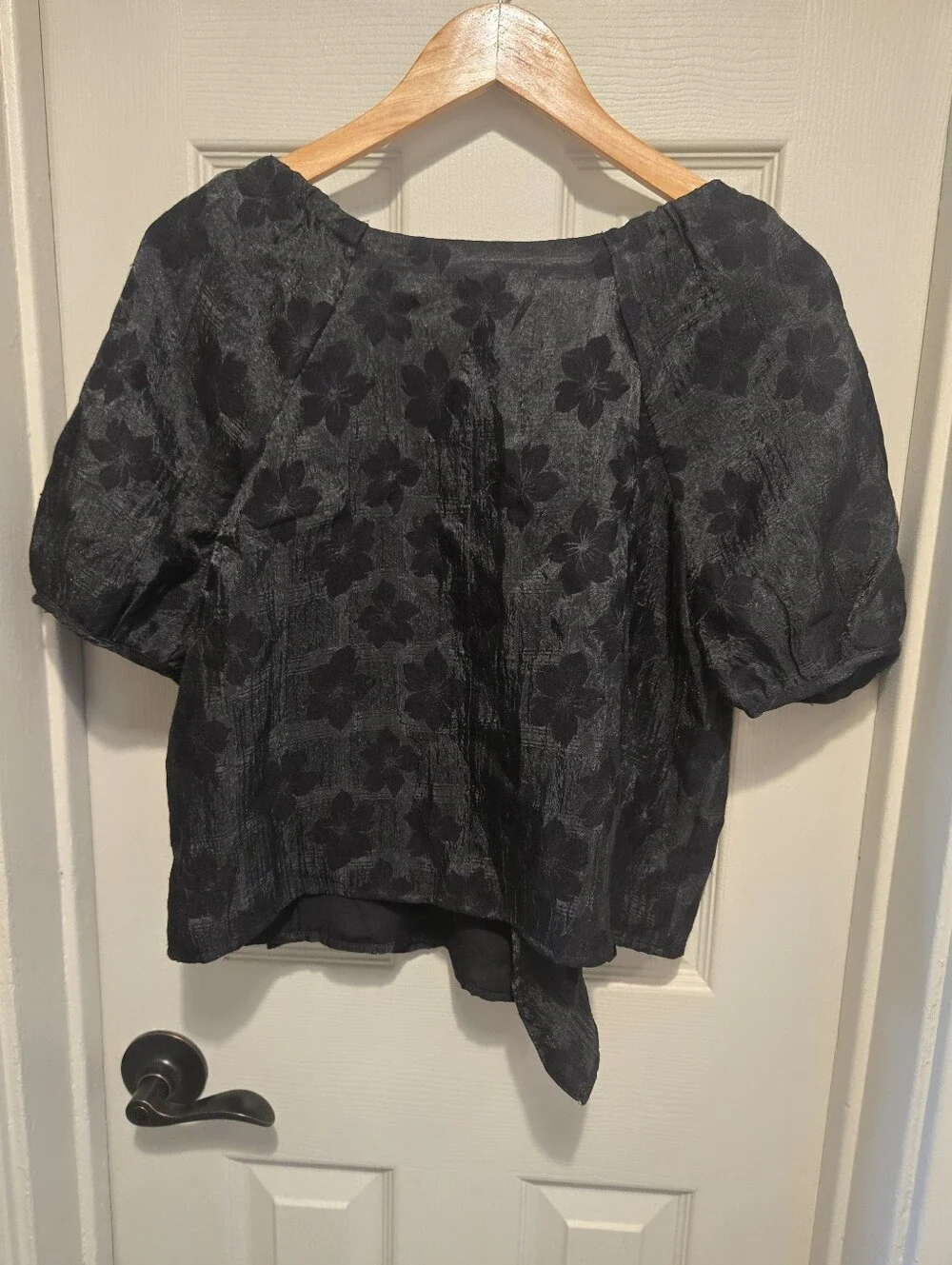 Madewell Floral Jacquard Puff Sleeve Wrap Top in True Black at Nordstrom, Size M